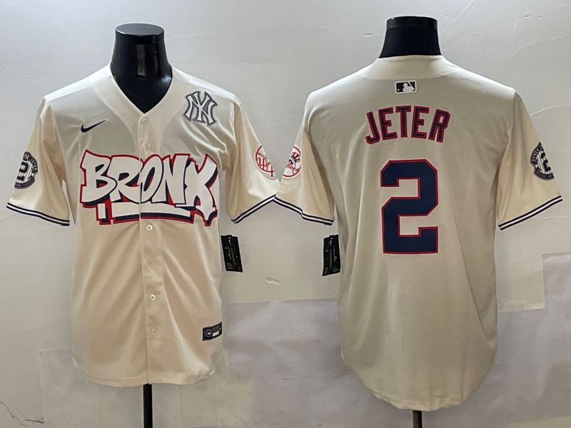 Men New York Yankees 2 Jeter Cream four generations Joint Name 2025 Nike MLB Jersey style 6